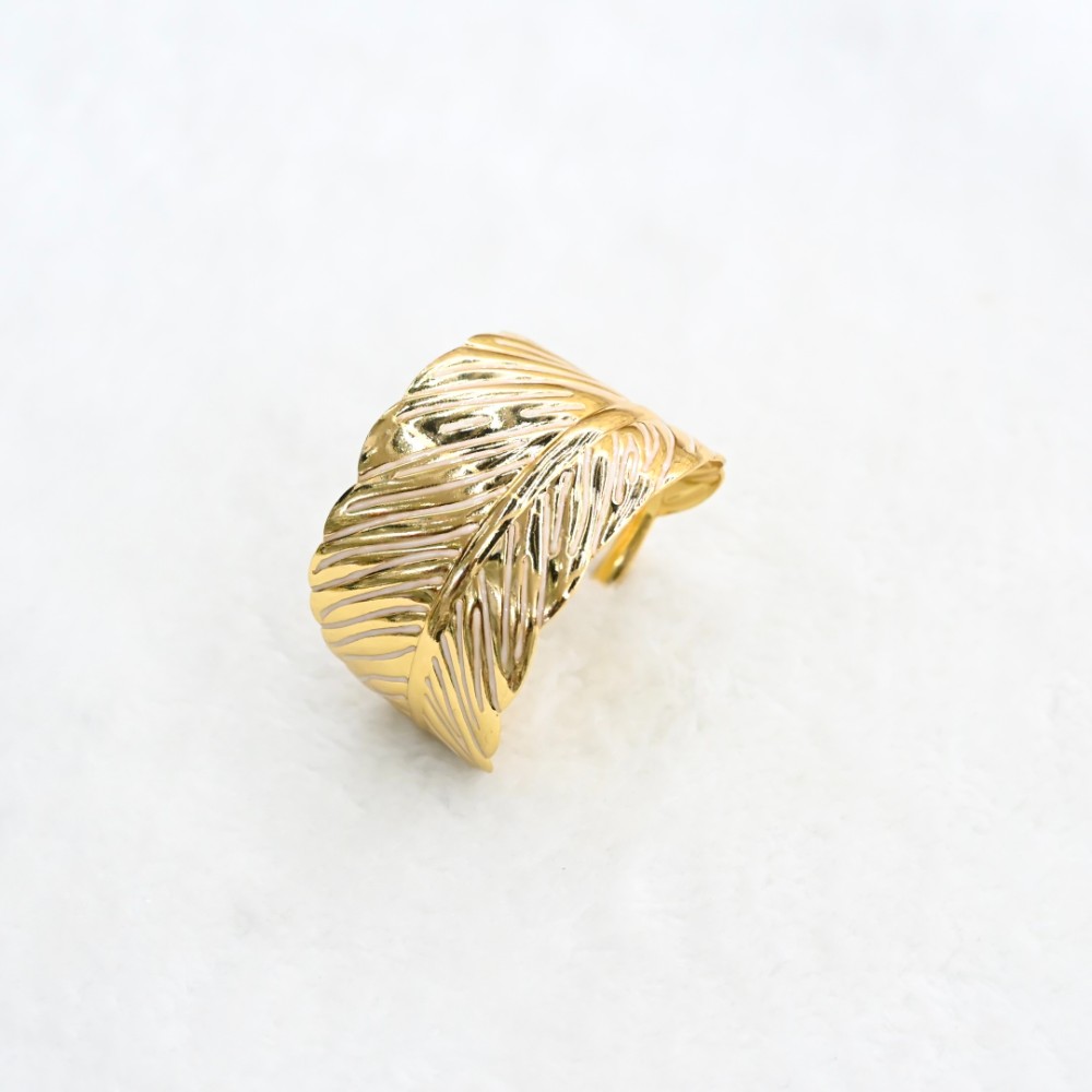 Gold leaf texture cuff bracelet with wide open design, polished gold-tone finish and sculptural leaf vein details for wholesale jewelry buyers