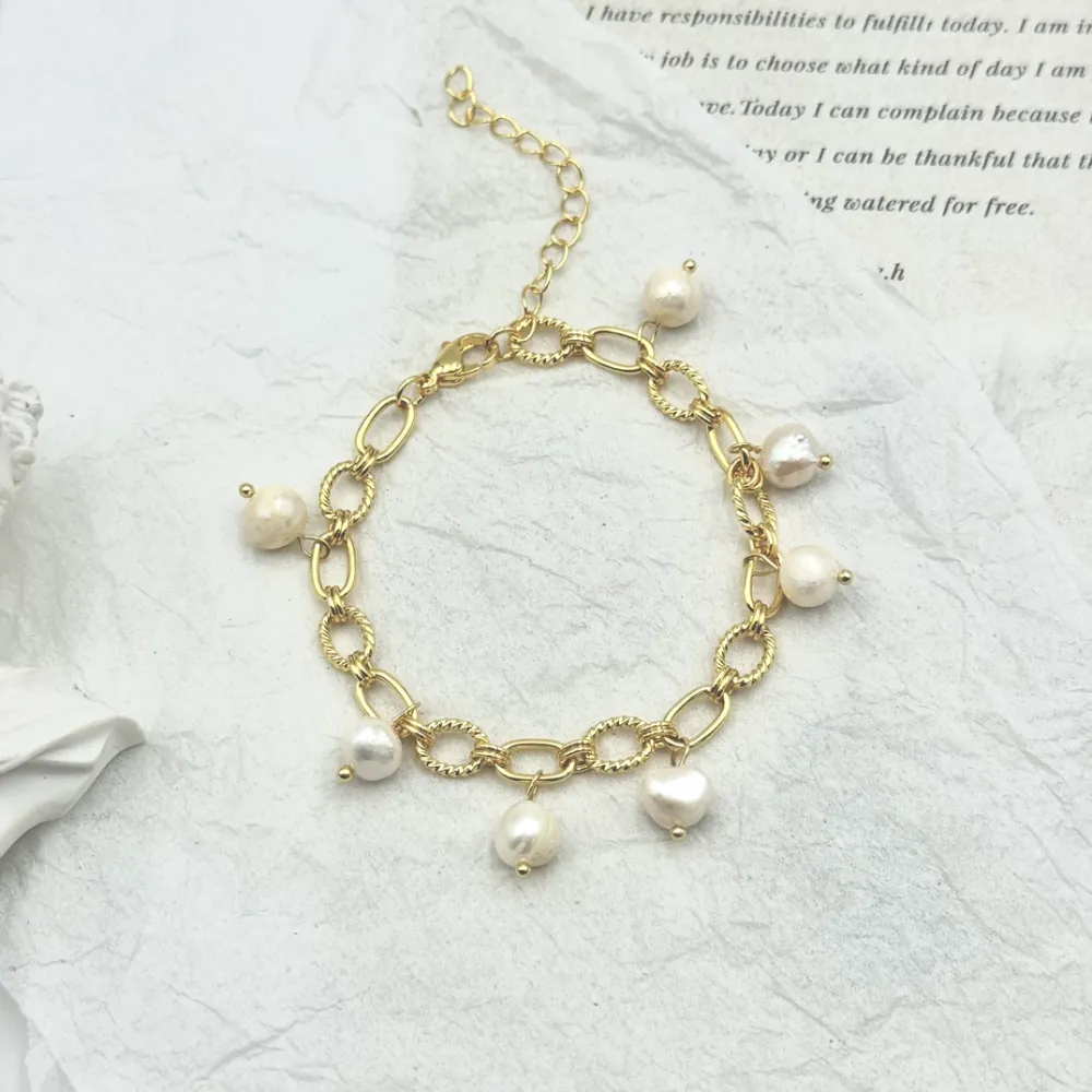 Gold pearl charm chain bracelet wholesale template image