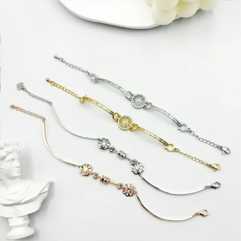 Mixed metal flower bar bracelets set with gold, silver and rose gold-tone engraved bar designs, floral round charms and delicate chain bracelet styles for wholesale jewelry buyers