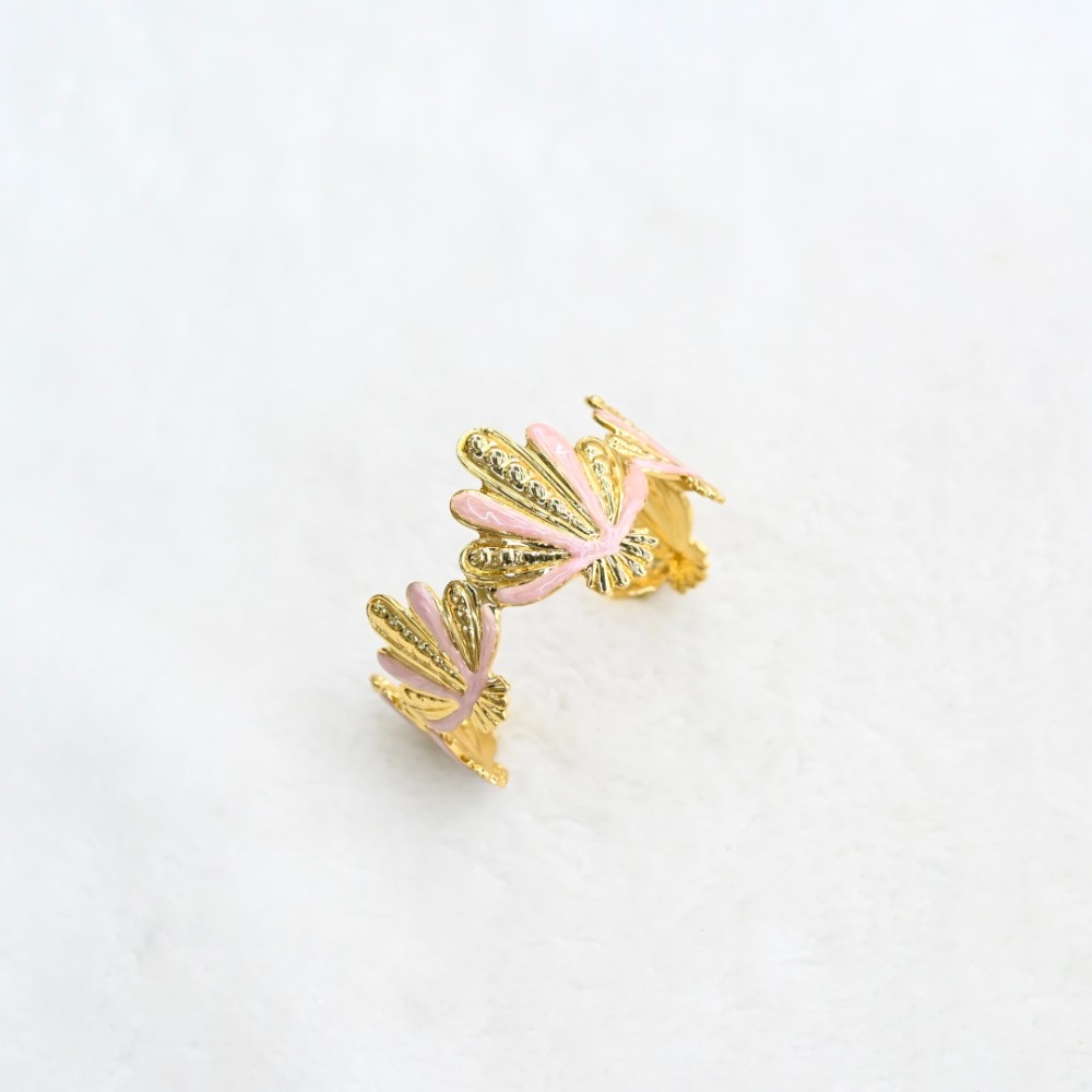 Pink butterfly gold cuff bracelet with layered butterfly cutout design, gold-tone open frame and pink enamel-style wing details for wholesale jewelry buyers