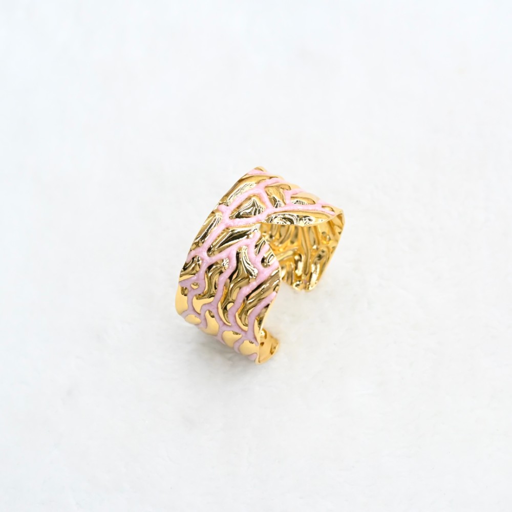 Pink vein gold cuff bracelet with openwork leaf-like texture, gold-tone frame and pink enamel-style line details for wholesale jewelry buyers