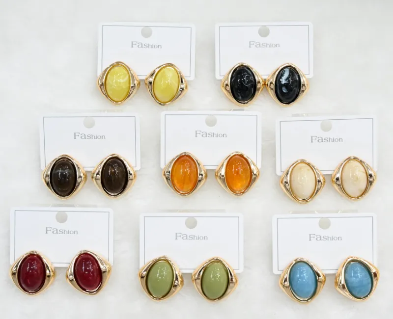 Gold Colorful Oval Gemstone Stud Earrings Set wholesale product image