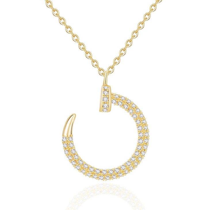Gold crescent rhinestone pendant necklace with curved moon-style charm, fine gold-tone chain and sparkling gift jewelry style for wholesale jewelry buyers