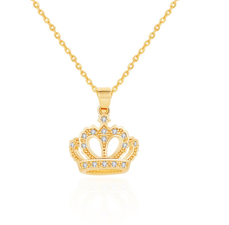 Gold crown pendant necklace with rhinestone details, fine gold-tone chain and royal-inspired gift jewelry style for wholesale jewelry buyers