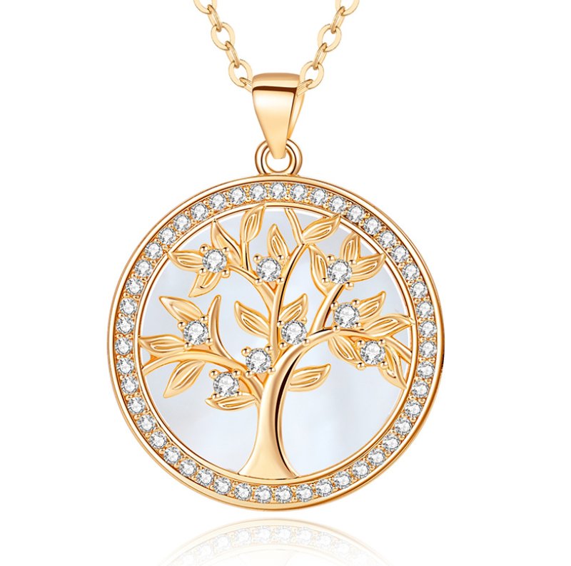 Gold Tree of Life pendant necklace with round rhinestone frame, floral branch design and fine chain for wholesale jewelry buyers