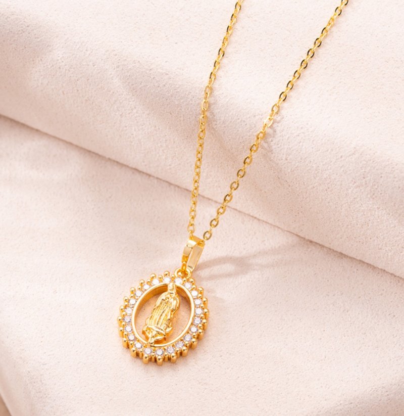 Gold Virgin Mary pendant necklace with round pearl-like rhinestone frame and fine chain for wholesale jewelry buyers