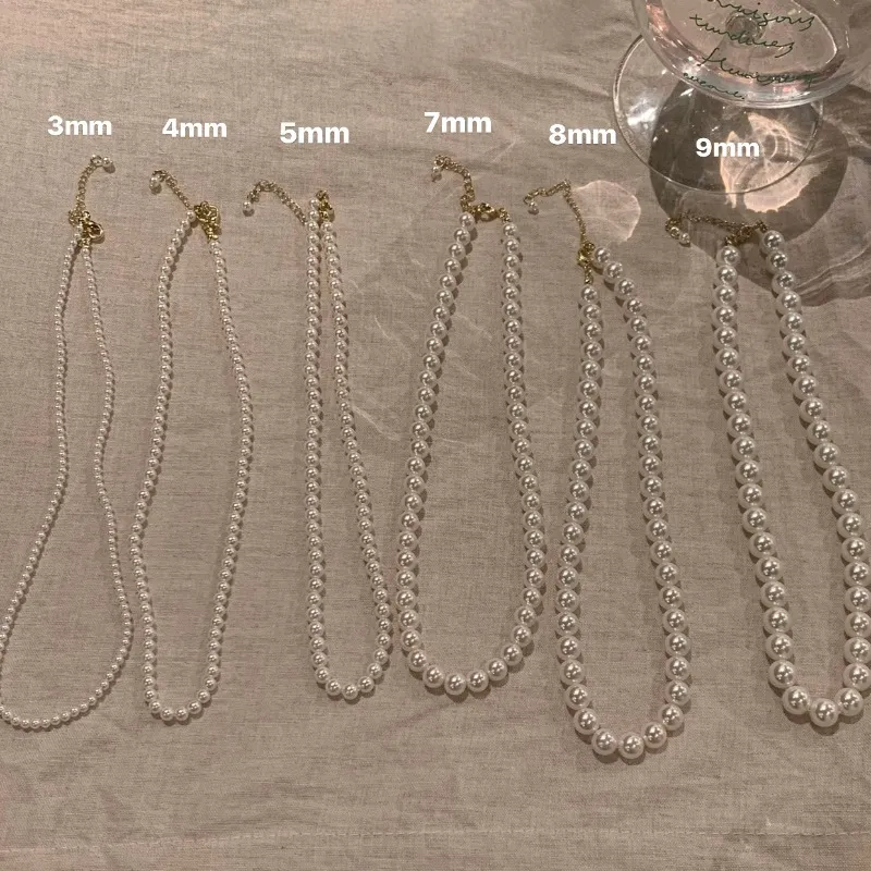 Pearl necklaces size options set with 3mm, 4mm, 5mm, 7mm, 8mm and 9mm pearl strand designs for wholesale jewelry buyers
