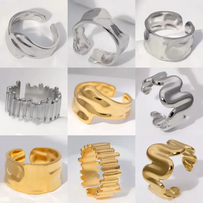 Gold and silver chunky open rings set with abstract, hammered, wavy and ribbed metal ring designs for wholesale jewelry buyers